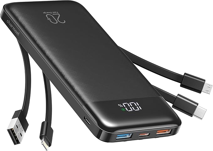 charmast 20000mAh Portable Charger with Built in Cables, 22.5W Travel Power Bank Fast Charging, USB C Cell Phone Battery Pack for iPhone 16/15/14/13/12/11 Series, iPad, Samsung, Android, Tablet by Charmast