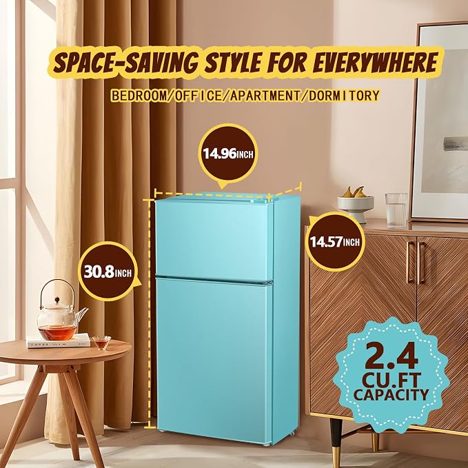 2.4 Cu.ft Mini Fridge Small Refrigerator Dual Door Plastic Shelves Apartment Size Fridge for Personal Seven Temp Gear Blue - Image 8