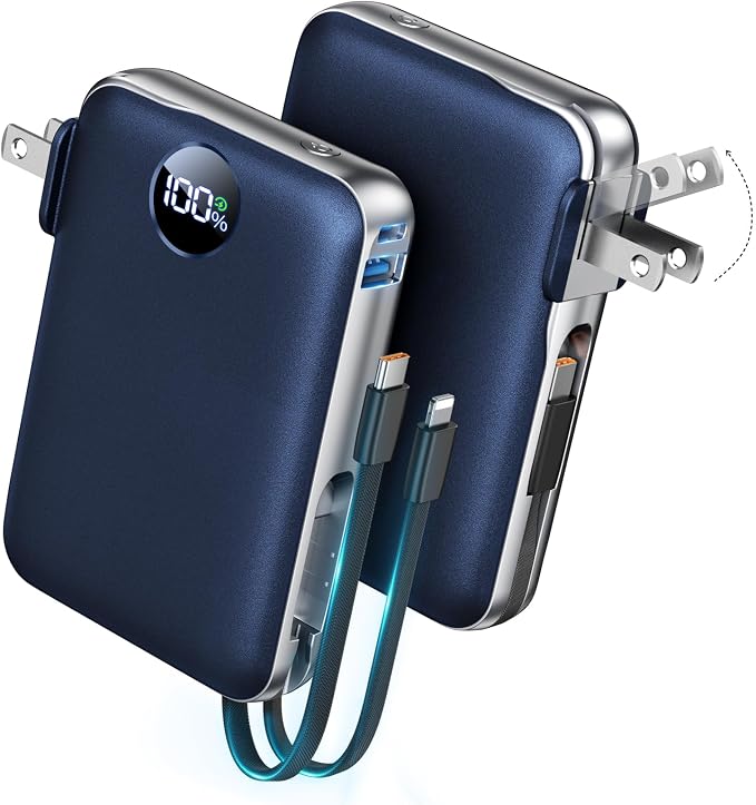 Portable Charger with Built-in Cables & Wall Plug, 10000mAh Power Bank, 4 Outputs 22.5W USB C Fast Charging, Slim Travel Battery Pack with LED Display for iPhone 17/16/15/14, DarkBlue by Unknown