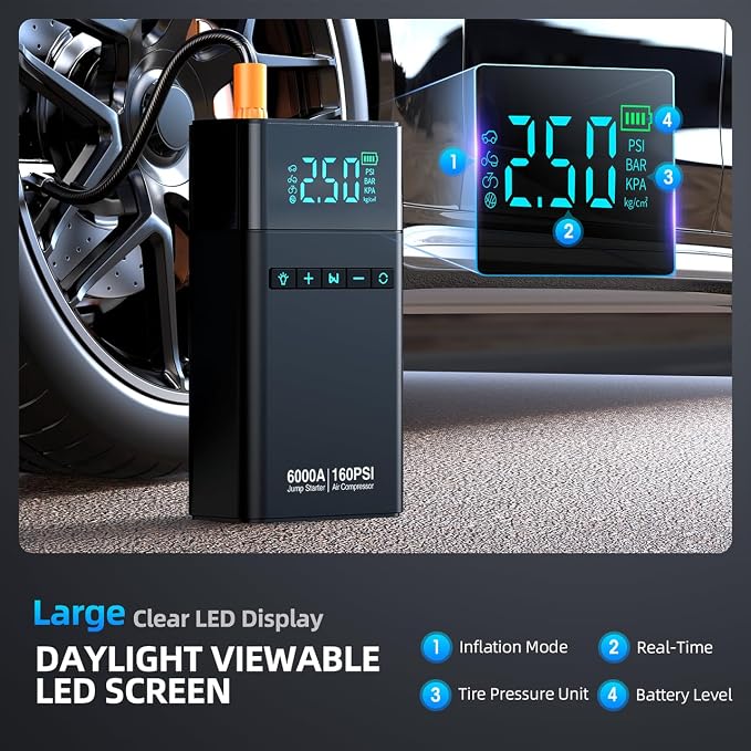 10-in-1 Portable Car Battery Jump Starter with Air Compressor, 6000A 160PSI Portable Car Jumper Starter (All Gas 12L Diesel), 12V Jump Box Car Battery Jump Starter with Jumper Cables, Lights - Image 7