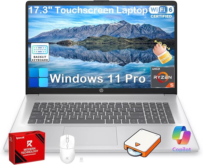 HP 17.3" Touchscreen Business Laptop, 16GB RAM, 512GB SSD,AMD Ryzen 5 7430U | Backlit Keyboard, Windows 11 Pro, Fast Charge, AI Copilot, 17.3" HD+ Anti-Glare Display, Wi-Fi 6, w/Accessories by HP
