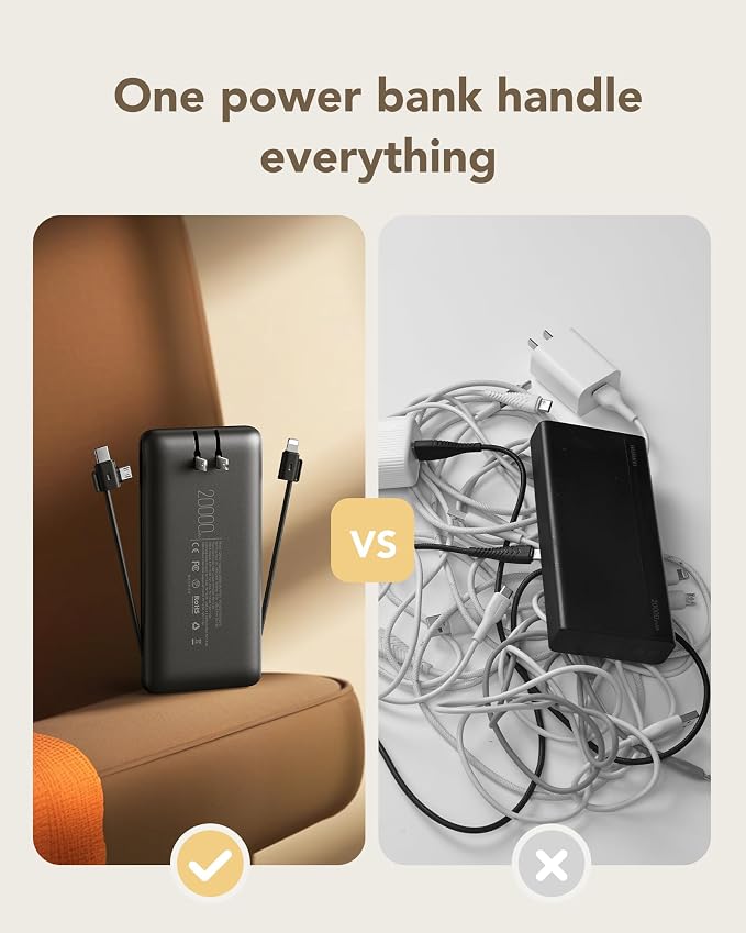 charmast Portable Charger 20000mAh with Wall Plug, Fast Charging Power Bank USB C, 20W PD Battery Pack with Built-in Cables Travel Essential for iPhone 16/15/14, Samsung, iPad More Devices (Black) - Image 5