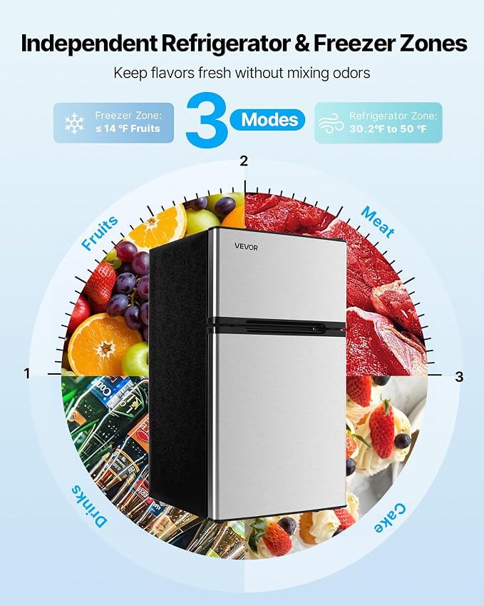 VEVOR Mini Fridge with Freezer, 3.2 Cu.Ft, Dual Zone Compact Refrigerator, 3 Modes Adjustable Temp, Energy Efficient Small Fridge, Reversible Door, Low Noise, for Bedroom, Dorm, Brushed Stainless - Image 4