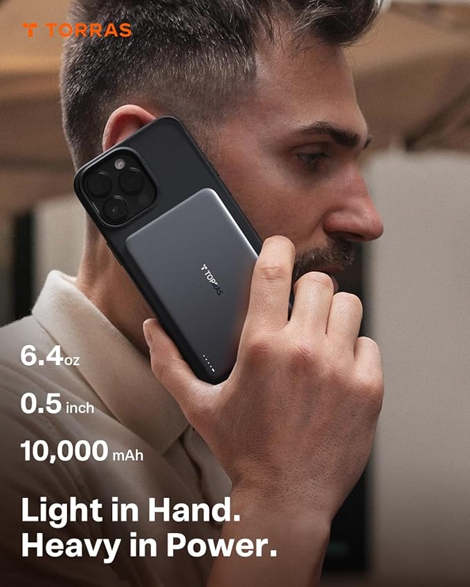TORRAS MiniMag Power Bank,Ultra-Slim 10,000mAh Magnetic Wireless Portable Charger, 22.5W Fast Charging iPhone Air Magnetic Battery Pack Designed for iPhone 17 Pro Max/17 Pro/Air/16/15/14/13/12, Gray - Image 3