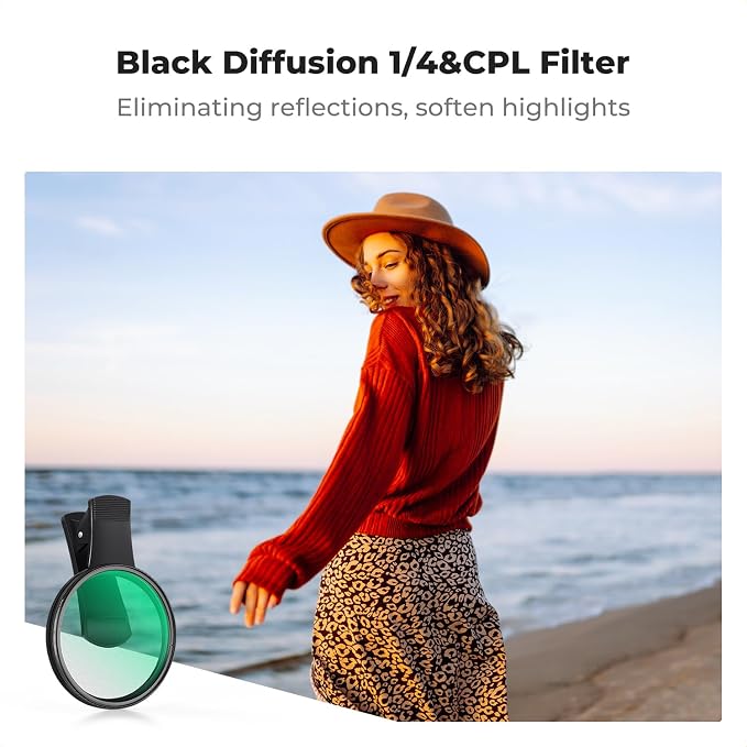 K&F CONCEPT 67mm Clip-on Black Diffusion 1/4&CPL Phone Camera Lens Filter Kit - Image 3