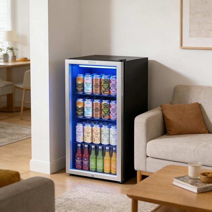 ROVSUN 3.3 Cu.Ft. Beverage Refrigerator Cooler with Double Layer Glass Door & Adjustable Shelf, Beverage Fridge for Home Office Bar, Quiet Mini Fridge Cooler w/Lock for Soda Wine Beer, 32-50°F, Black - Image 7