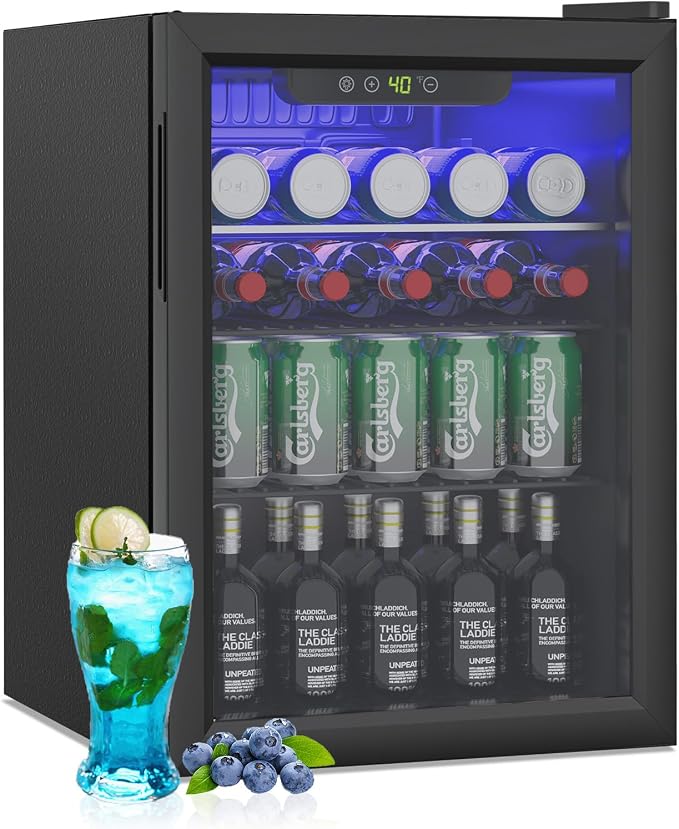 Compact Beverage Refrigerator, 2.6Cu.Ft/95 Can Mini Fridge with Glass Door and Digital Display, Small Drink Fridge with Adjustable Shelves for Soda, Beer, or Wine, Compact Fridge for Home by Stopsad