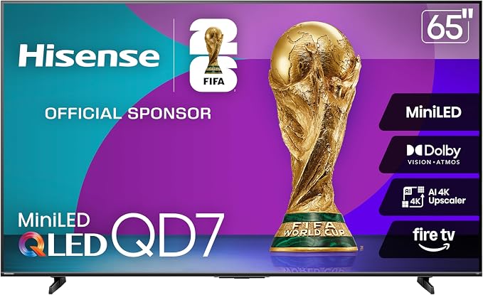 Hisense 65" Class QD7 Series Mini-LED 4K UHD Smart Fire TV (65QD7QF, 2025 Model) - QLED, HDR10+, Dolby Vision, Dolby Atmos, Game Mode Plus, ALLM, Alexa Built in with Voice Remote, Streaming TV, Black by Hisense
