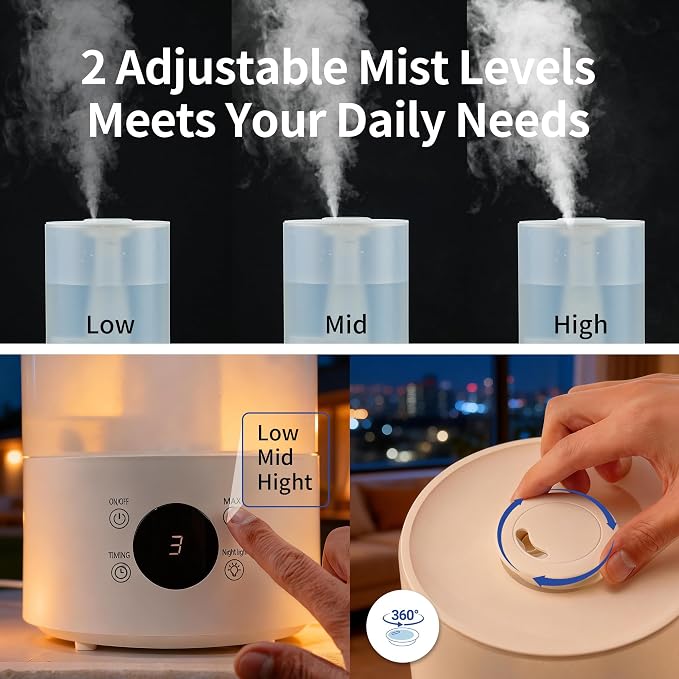 Top Fill Humidifiers for Bedroom, 4.0L Tank Cool Mist Humidifiers for Large Room, 40H Runtime, Plants with 9H Timer, Auto Shut-Off,Quiet Ultrasonic Humidifier with 360° Nozzle for Baby Nursery - Image 4