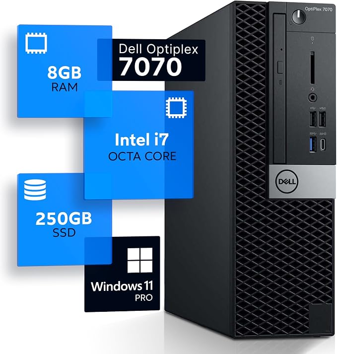 Dell Optiplex 7070 Desktop Computer | Hexa Core Intel i7 (3.4) | 8GB DDR4 RAM | 250GB SSD Solid State | Windows 11 Professional | Home or Office PC (Renewed), Black by Amazon+Renewed