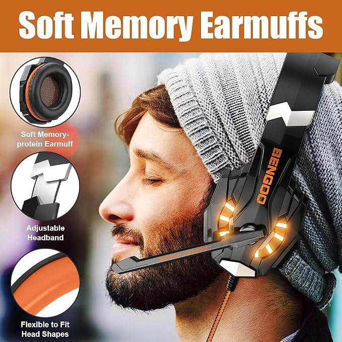 BENGOO G9000 Stereo Gaming Headset for PS4, PC, Xbox One Controller, Noise Cancelling Over Ear Headphones with Mic, LED Light, Bass Surround, Soft Memory Earmuffs (Orange) - Image 3