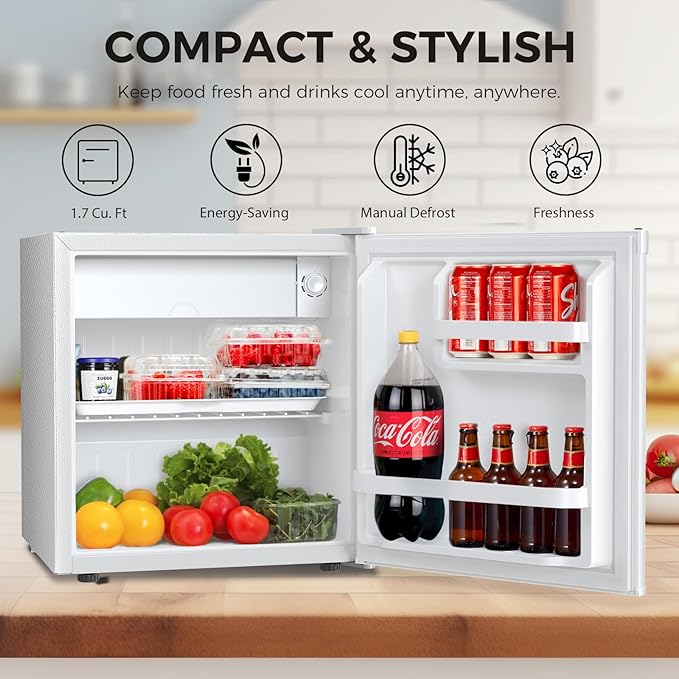 Antarctic Star Mini Fridge Compact Refrigerator with Freezer, Single Reversible Door, Dorm Fridge, Wire Shelf, Defrost Button, for Bedroom, Office, Garage, 1.7 Cu. Ft, White - Image 2