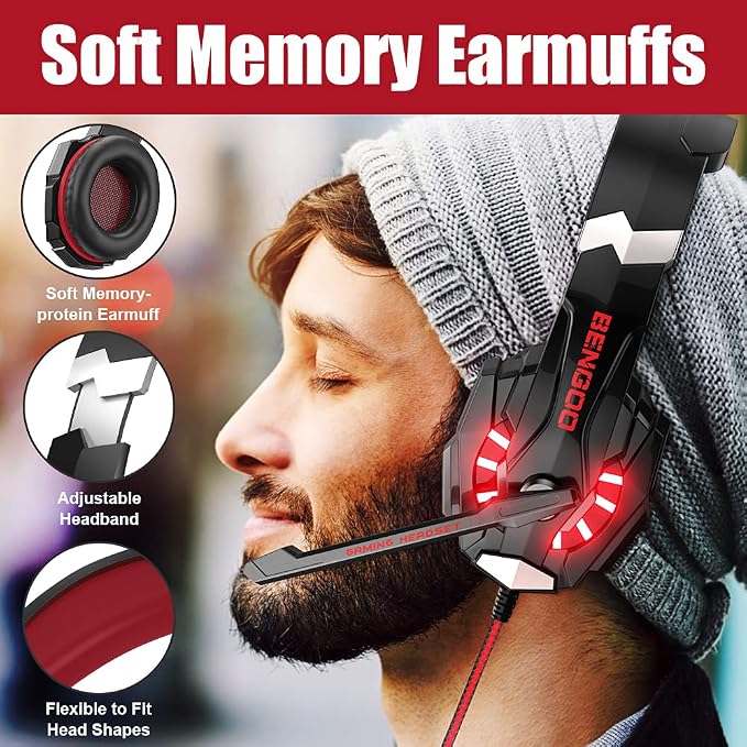 BENGOO Stereo Pro Gaming Headset for PS4, PC, Xbox One Controller, Noise Cancelling Over Ear Headphones with Mic, LED Light, Bass Surround, Soft Memory Earmuffs for Laptop Mac Wii Accessory Kits - Image 4
