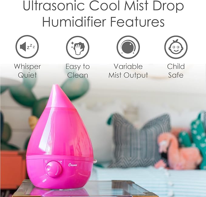 Crane Ultrasonic Humidifiers for Bedroom and Office, 1 Gallon Cool Mist Air Humidifier for Large Room and Home, Humidifier Filters Optional, Pink - Image 2