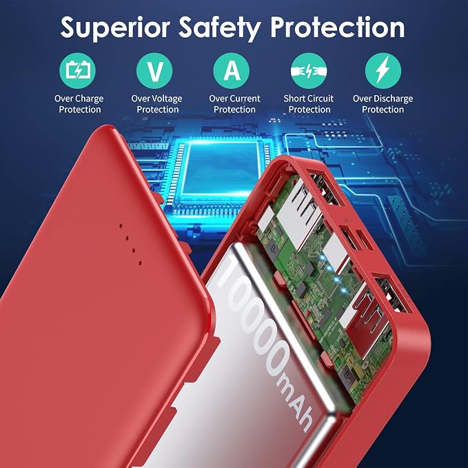 [2 Pack] Portable Charger Power Bank 10000mAh,Ultra Slim Compact External Battery Pack with USB C Input & Dual USB Outputs Backup Charger Compatible with iPhone 13,12, Samsung S20,Tablet-Black+Red - Image 3