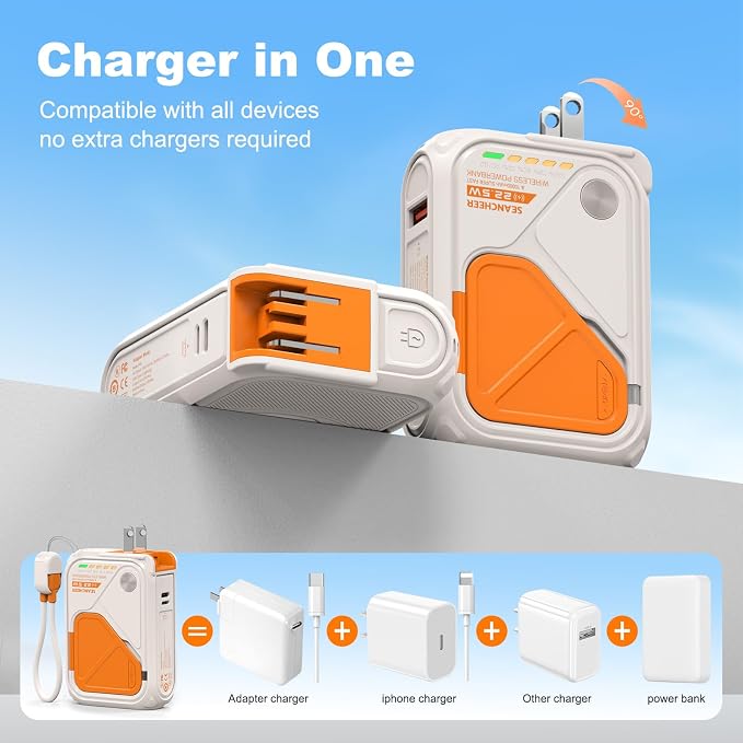 SEANCHEER P05 Portable Charger, Magnetic Power Bank, Small Wireless PowerBank, Battery Pack10000mAh Travel Essentials Fast Charging with Built in Cable, Foldable Wall Plug for iPhone,Samsung,Andriod - Image 2