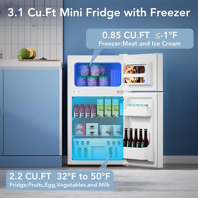 Electactic 3.1 Cu.Ft Mini Fridge with Freezer for Bedroom Office, White | 2 Reversible Door, Removable Glass Shelves, Adjustable Thermostat, Energy Efficient Compact Small Refrigerator for Dorm - Image 2