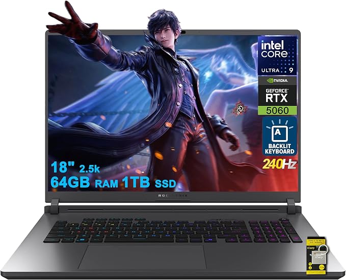 ASUS ROG Strix G18 G815 Gaming AI Laptop 18" 2.5k 240Hz 3ms 100% DCI-P3 Intel 24-core Ultra 9 275HX 64GB DDR5 1TB SSD GeForce RTX 5060 (Up to 572 NPU TOPS) RGB Backlit Thunderbolt Wi-Fi7 Win11 ICP Hub by ASUS