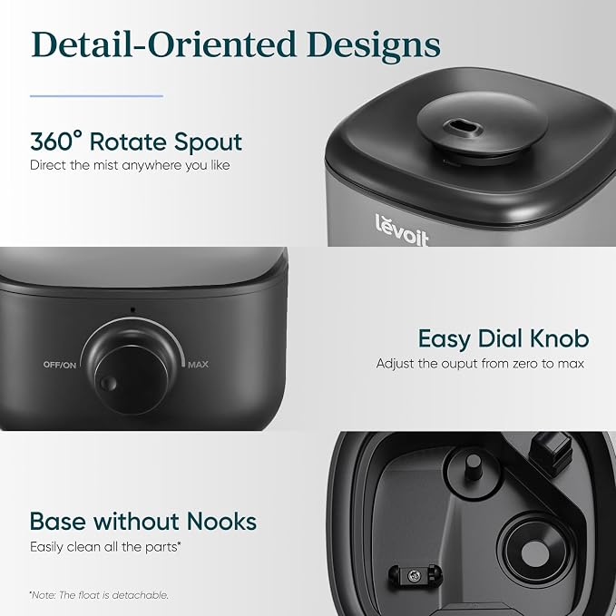 LEVOIT Classic 160 Top-Fill Ultrasonic Cool Mist Humidifier, Super Easy to Fill and Clean, Quiet Operation for Bedroom Home Baby & Plants, Auto Shut-off for Safety, 360° Rotating Nozzle, 2.5L, Black - Image 7