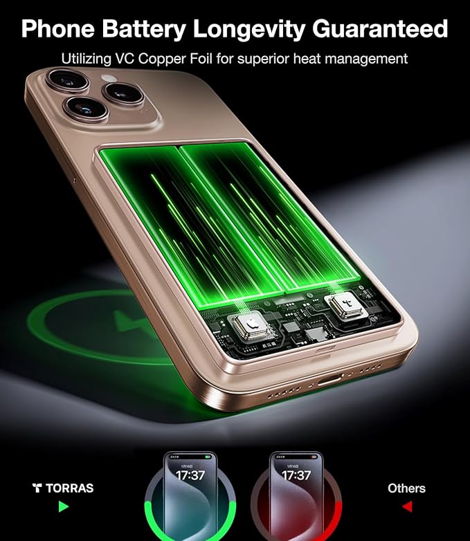 TORRAS MiniMag Power Bank, Ultra Slim 5,000mAh Wireless Portable Charger with USB-C Cable, Fast Charging iPhone Air MagSafe Battery Pack, Compatible Charger for iPhone 17/16/15/14/13/12, Desert Gold - Image 8