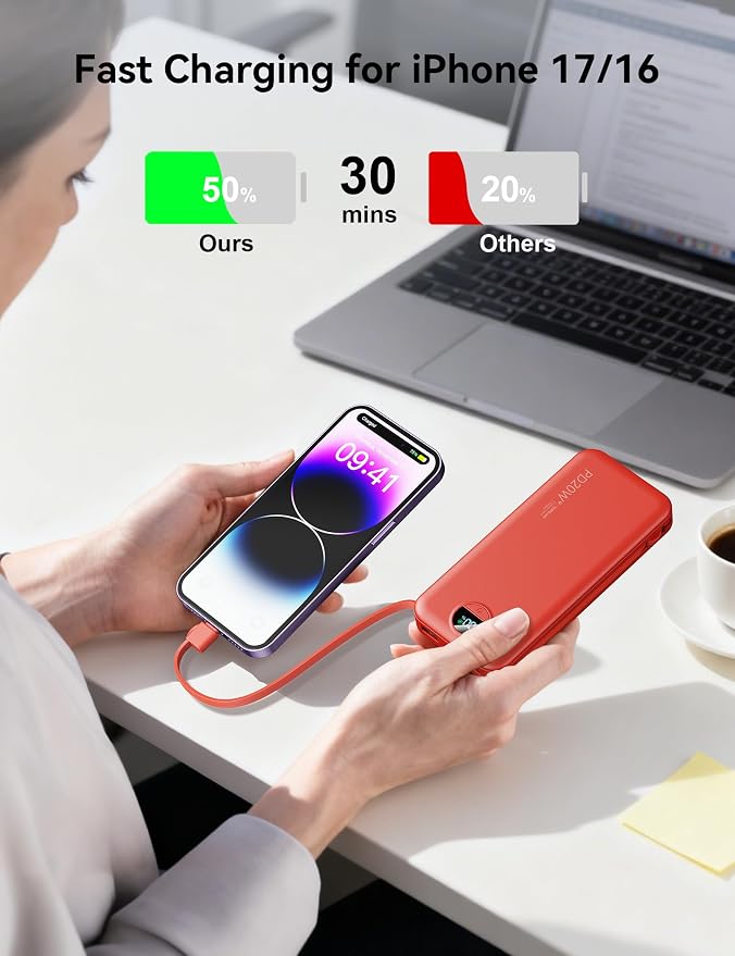 10000mAh Ultra-Portable-Charger-Power-Bank with Built in Cables&AC Wall Plug, PD20W USB-C Fast Charging Cell Phone Charger Battery Pack,LED Display Travel Battery Bank for All iPhone,Samsung,Android - Image 3