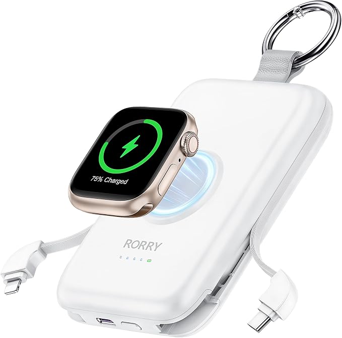 RORRY Portable Charger, 10000mAh PD 20W Fast Charging Portable Charger Power Bank with Built in Cables, Travel Battery Pack for iPhone and Apple Watch Ultra/11/10/9/8/7/6/5, Milk by RORRY