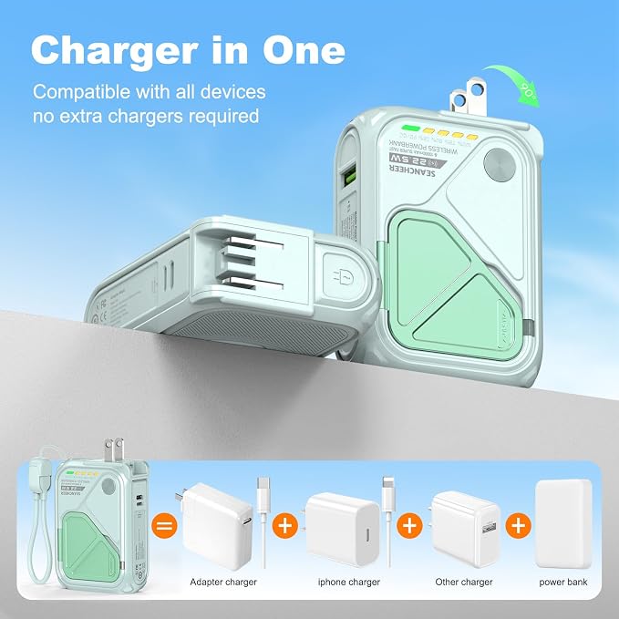 SEANCHEER P05 Portable Charger, Magnetic Power Bank, Small PowerBank, Battery Pack10000mAh Travel Essentials Fast Charging with Built in Cable, Foldable Wall Plug for iPhone,Samsung,Andriod (Green) - Image 2