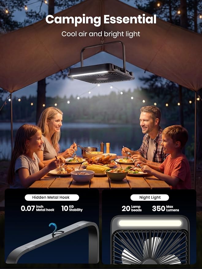 Warmco 20000mAh Battery Powered Fan, Ultra-Slim 8-Inch Portable Camping Fan with LED Lantern, Up to 48H Runtime Rechargeable Desk Fan for Bedroom, Outdoor, Tent, Travel, Cruise Ship Essentials - Image 3
