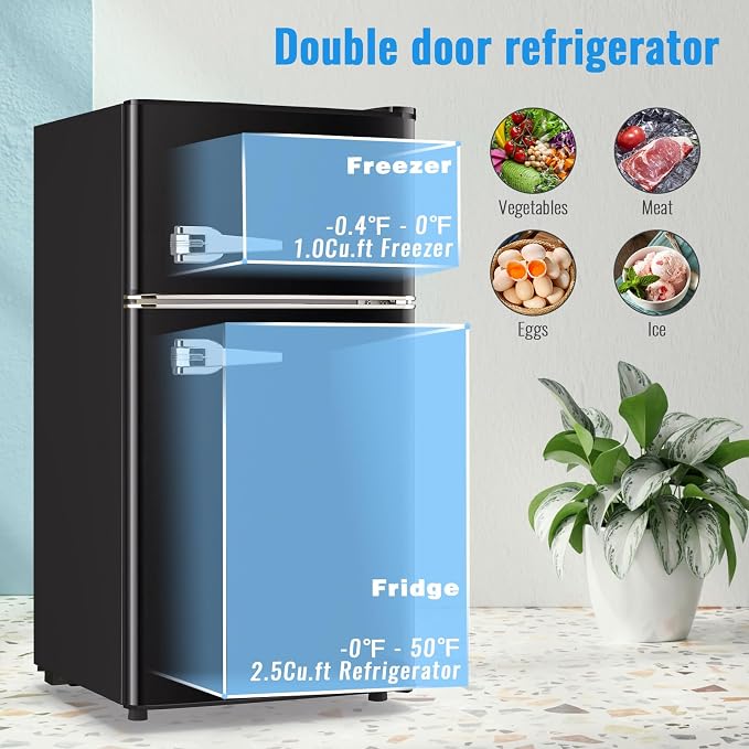 3.5 Cu.Ft Retro Mini Fridge with Handle Compact Refrigerator Black | Dual Door Refrigerator with Freezer 7 Gears Temperature Control Ideal for Bedroom Dorm Office - Image 2