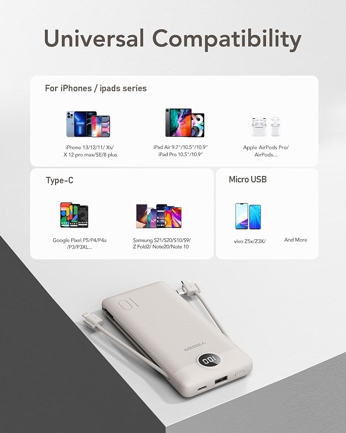 VEGER Portable Charger with Built-in AC Plug and Cables, All in One 10000mAh Ultra Slim Power Bank Travel Essentials, Fast Charging Battery Pack Compatible with iPhone, Samsung, Android (Coffee) - Image 6