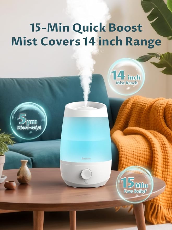 BREEZOME 2.5L Top Fill Humidifiers for Bedroom, 250ml/h Mist Output, 25hrs Humidifiers for Home, 7 Adjustable LED, Essential Oil Diffuser, 25dB Ultrasonic Humidifier for Baby and Indoor Plants, White - Image 3