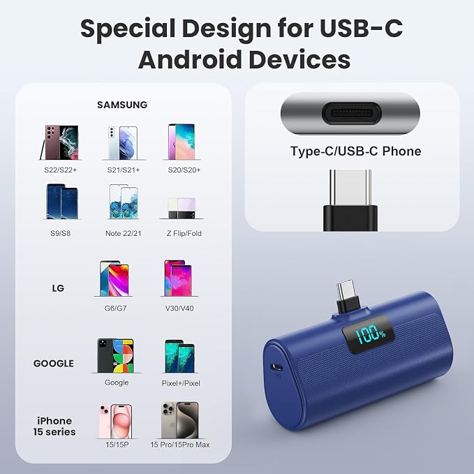 [2-Pack]Portable Charger for iPhone 17/16/15 Series,5200mAh PD USB C Power Bank Built-in USB-C Connector,Travel Battery Pack Compatible with iPhone 17/17 Pro Max/16/15 Series,Galaxy,Android-Black+Blue - Image 4