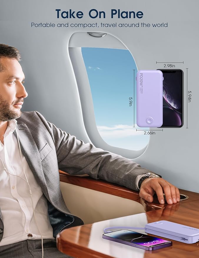 Nusyddy Portable Charger, 10000mAh PD20W Fast Charging Power Bank with Built-in Cables & Wall Plug, Travel Essential External Battery Pack, USB C Battery Phone Charger for iPhone, iPad, Samsung Purple - Image 8
