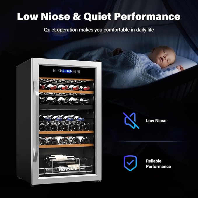 ROVSUN 33 Bottle Wine Fridge, Dual Zone Wine and Beverage Refrigerator with Independent Temp Control & LED Control Panel, Freestanding Wine Cooler Chiller for Red White Wine, Champagne, Beer - Image 8