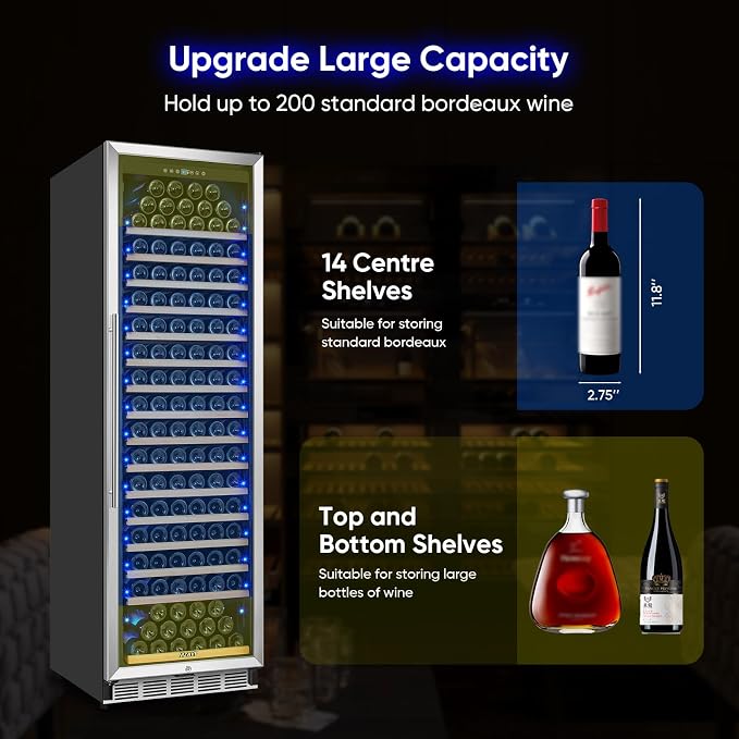 Large Wine Cooler Refrigerator 24 Inch, 200 Bottle Wine Fridge with Professional Temperature Control, Built-in/Freestanding Tall Wine Refrigerator, Low Noise & Sliding Rail Shelves, For Home Bar - Image 5