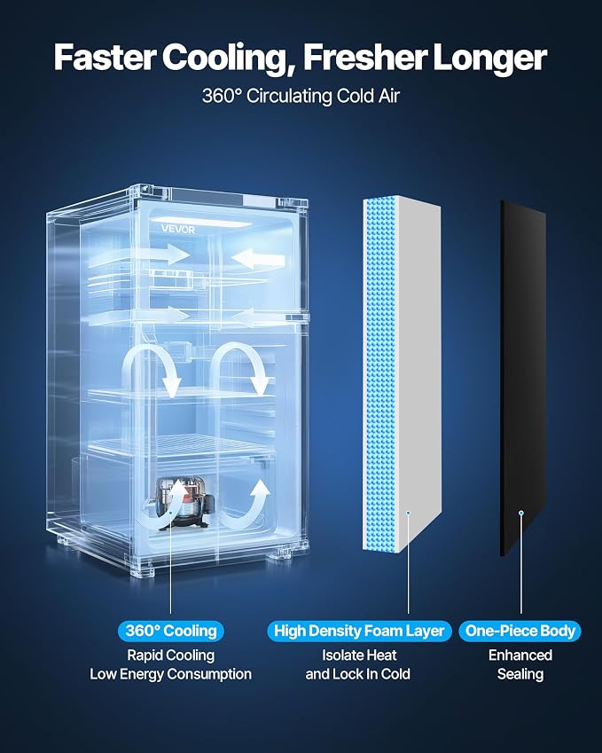VEVOR Mini Fridge with Freezer, 3.2 Cu.Ft, Dual Zone Compact Refrigerator, 3 Modes Adjustable Temp, Energy Efficient Small Fridge, Reversible Door, Low Noise, for Bedroom, Dorm, Brushed Stainless - Image 3