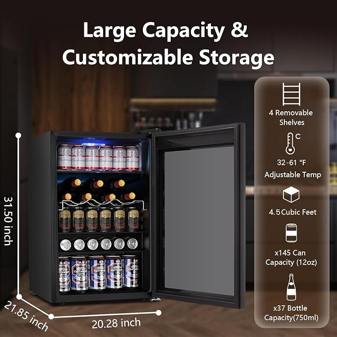 Electactic 37 Bottle Wine Fridge,Freestanding 145 Can Beverage Refrigerator with Smart Temperature Control，4.5 CU FT Quiet Mini Fridge with Child Lock Panel for Family Restaurant Bar, Black - Image 2