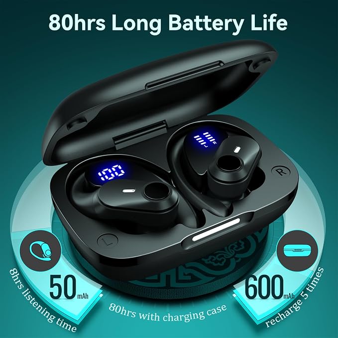 Active Noise Cancelling Ear Buds Wireless Earbuds 80H Playtime Bluetooth Headphones with LED Display Case, Hi-Res Audio Clear Calls Earphones with Over Ear Hooks for Running Gym Workout Travel Black - Image 5