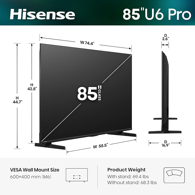 Hisense 85" U6 Pro Series Mini‑LED ULED 4K UHD HDR Gaming AI Smart Fire TV (85U6SF Pro, 2026 New) – Hi-QLED, Native 144Hz, Motion Rate 480, Dolby Vision IQ · Atmos, HDR10+, Glare-Free, Alexa+ - Image 3