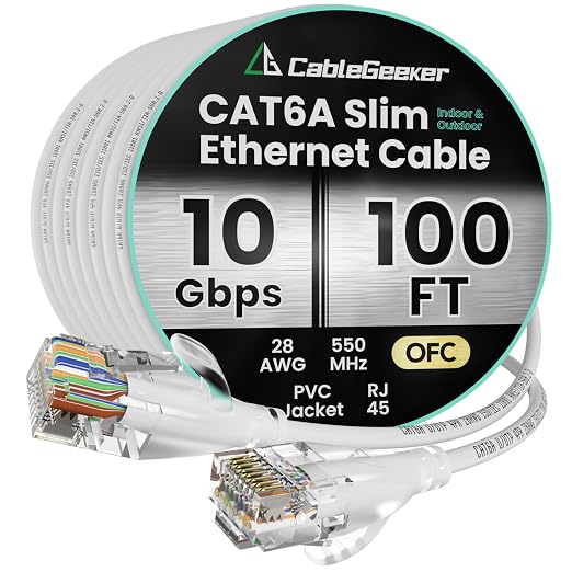CableGeeker CAT6A Slim Ethernet Cable 100FT, 10Gbps 550MHz High Speed Network by CableGeeker