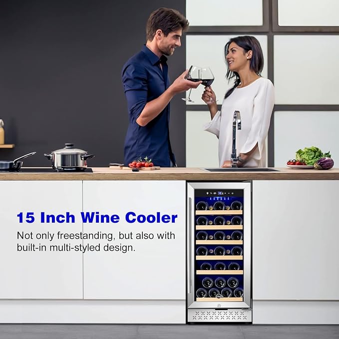 Wine Fridge 15'', 30 Bottles Wine Cooler Refrigerator, Undercounter or Freestanding, Removable Shelves, 40-65°F, Wine Cabinet with Double Glass Door, Wine Cooler for Home, Kitchen, Bar - Image 5