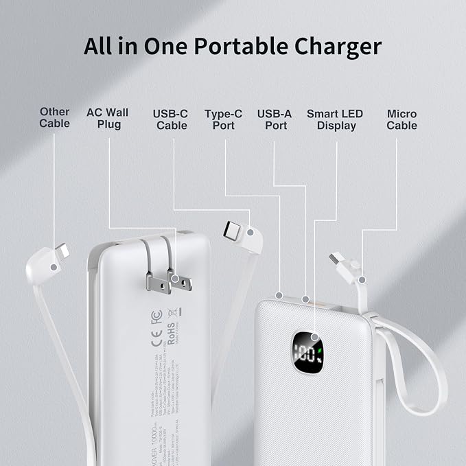 penaover Portable Charger with Built-in Cables&AC Wall Plug,Slim 10000mAh 22.5W Fast Charging Power Bank,5 Output 2 Input USB-C External Battery Pack Compatible with iPhones,Samsung,Android, etc - Image 2