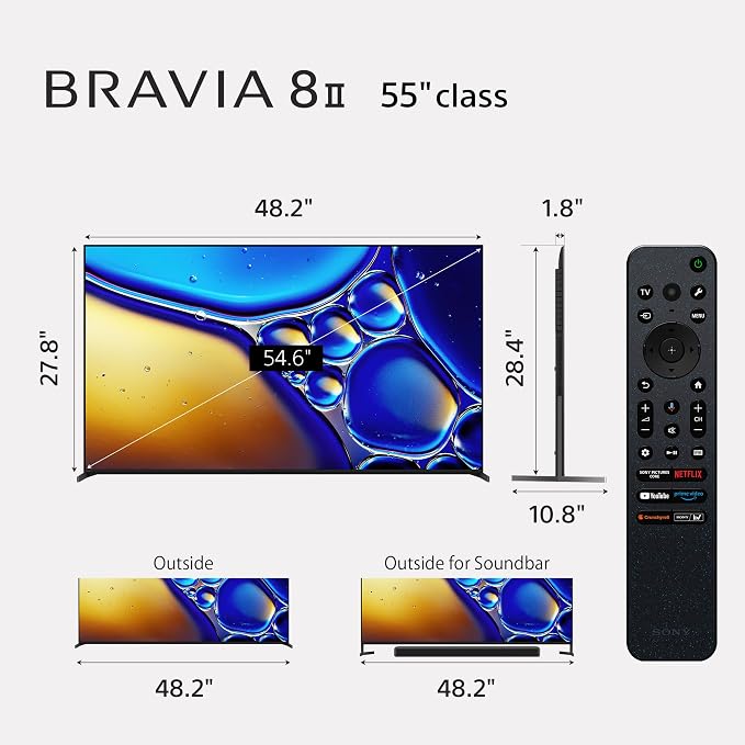 SONY K55XR80M2 55 Inch Bravia 8 QD-OLED 4K HDR Google TV with a Walts FIXED-MOUNT-43-90 TV Mount for 43"-98" TVs and Amber Protection 3-Outlet-Surge Surge Protector (2025) - Image 5