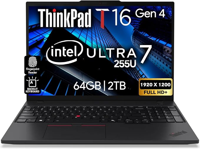 Lenovo ThinkPad T16 Gen 4 AI Business Laptop 16” FHD+ Display, Intel Ultra 7 255U (Beats i7-1355U), 64GB DDR5 RAM, 2TB SSD, 5MB Webcam, Fingerprint, Backlit KB, WiFi 6E + BT, RJ-45, HDMI, Win 11 Pro by LENOVO