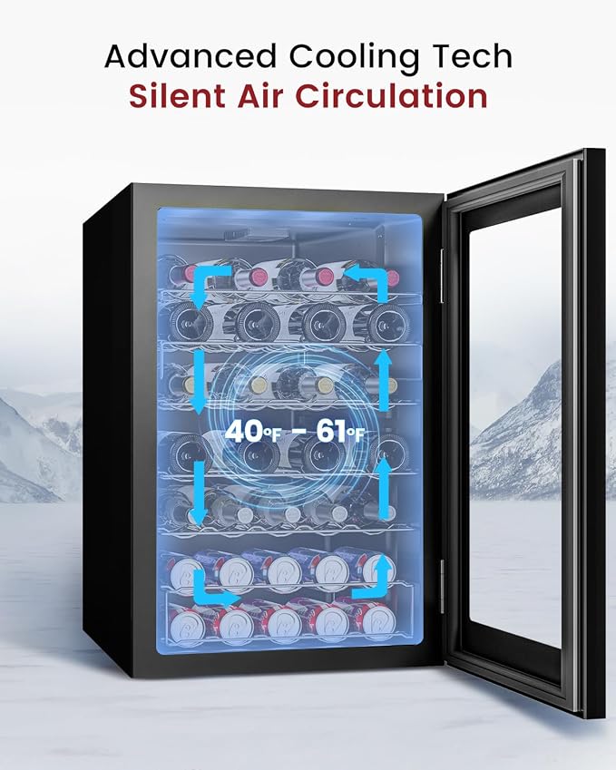 Feelfunn 45 Bottle Wine Cooler, 4.5CuFt Mini Fridge with Glass Door, Black | 34-64°F, <36dB, UV-protective glass door, stable temp, 4 adjustable shelves. For wine, beer, soda in Bedroom Office Home Bar - Image 7