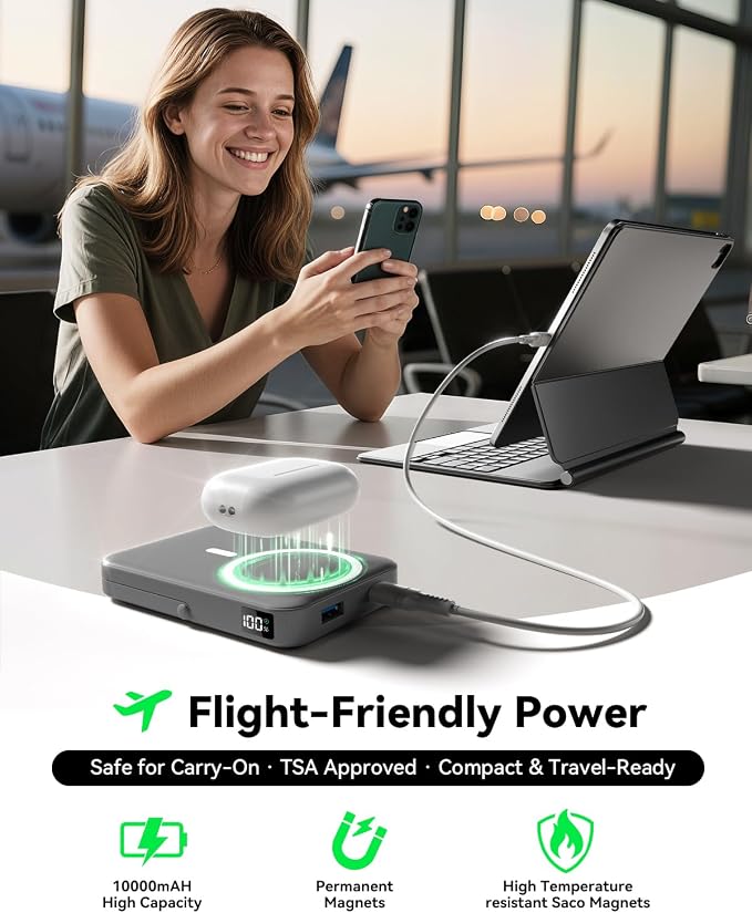 Magnetic Power Bank 10000mAh with for MagSafe Charging,PD 22.5W Fast Charge,Foldable Stand,Dual USB Output,LED Display (Space Gray) - Image 4