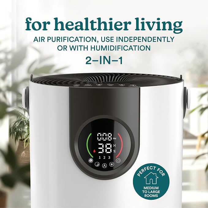 Homedics 2-in-1 Air Purifier & Evaporative Humidifier for Large Rooms HEPA Air Cleaner, Filtered Humidification, Digital Air Quality Sensor, Auto Mode, Tower Design for Home, No Visible Mist - Image 2
