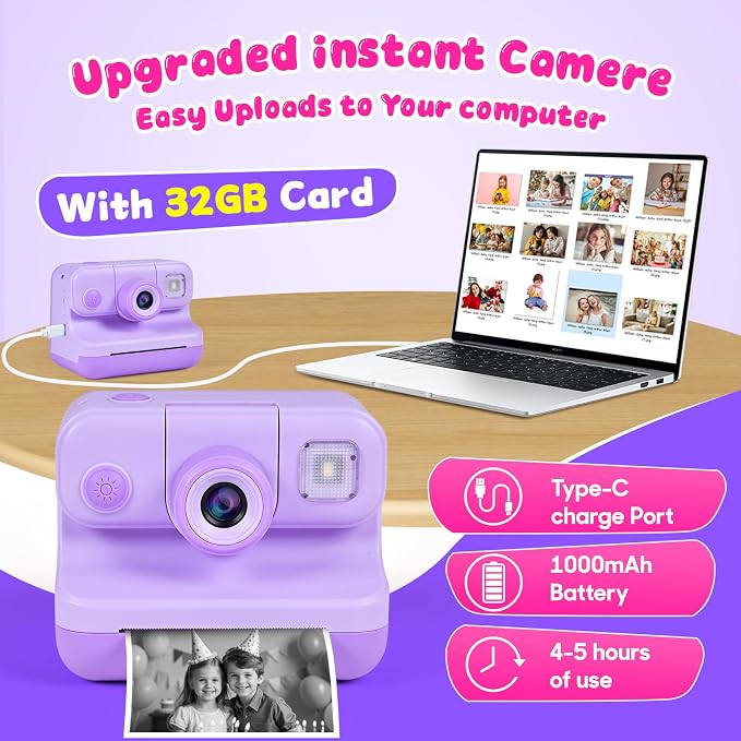 Kids Instant Print Camera with Carrying Bag, 1080P HD Digital Camera - Image 4