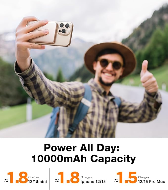 TORRAS MiniMag Power Bank,Ultra-Slim 10,000mAh Magnetic Wireless Portable Charger, 22.5W Fast Charging iPhone Air Magnetic Battery Pack Designed for iPhone 17 Pro Max/17 Pro/Air/16/15/14/13/12, Gold - Image 7