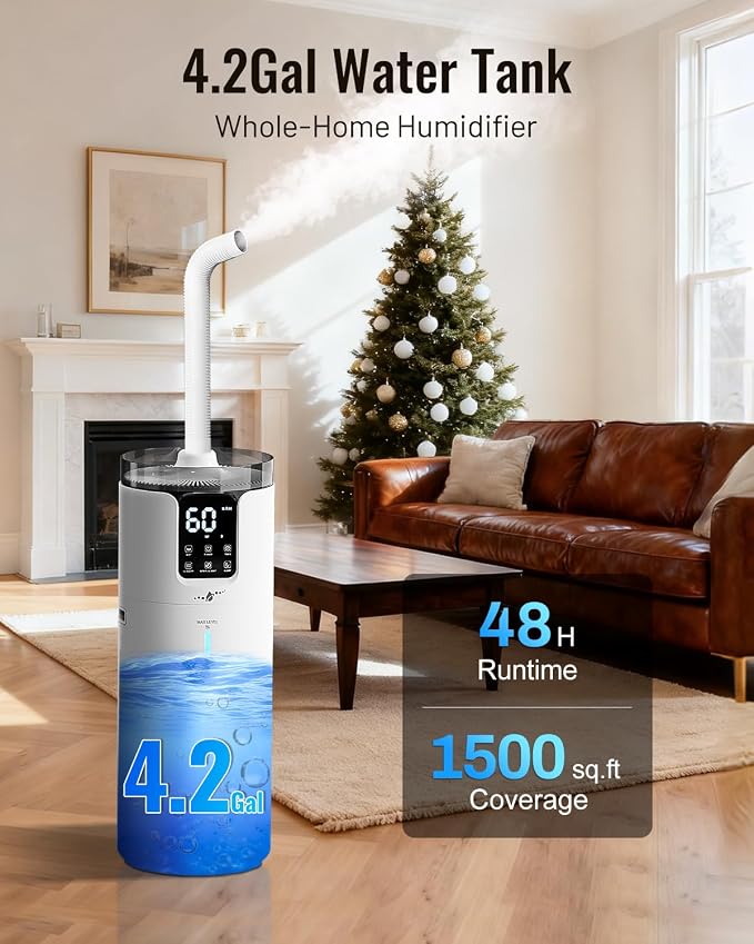 Humidifier large room 16L/4.2Gal - Lacidoll Whole house Humidifier for Home1500 sq.ft. Ultrasonic Cool Mist Humidifiers for Bedroom with Extension Tube & Aroma Box & Night light, White - Image 2